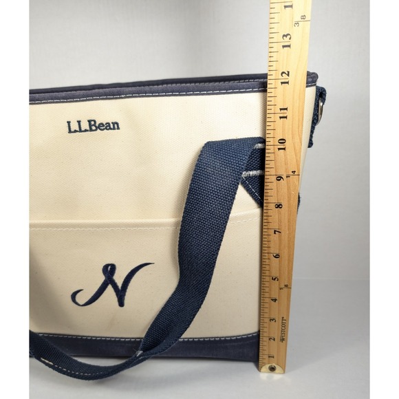 LL Bean Insulated Tote Bag N Monogram Beige Blue Straps Canvas Cooler Beach Camp - Picture 2 of 9